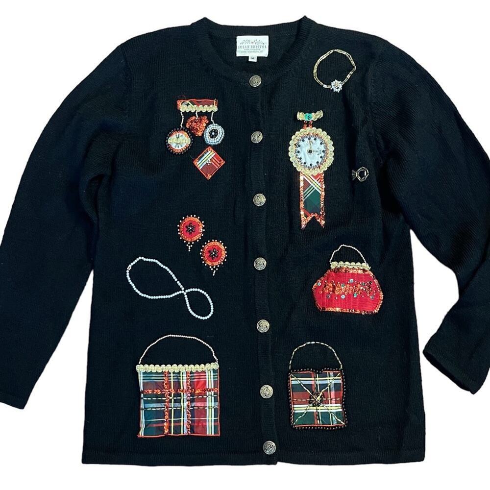 Susan Bristol Tartan Plaid Jewelry Beaded Christmas Cardigan Black Size M